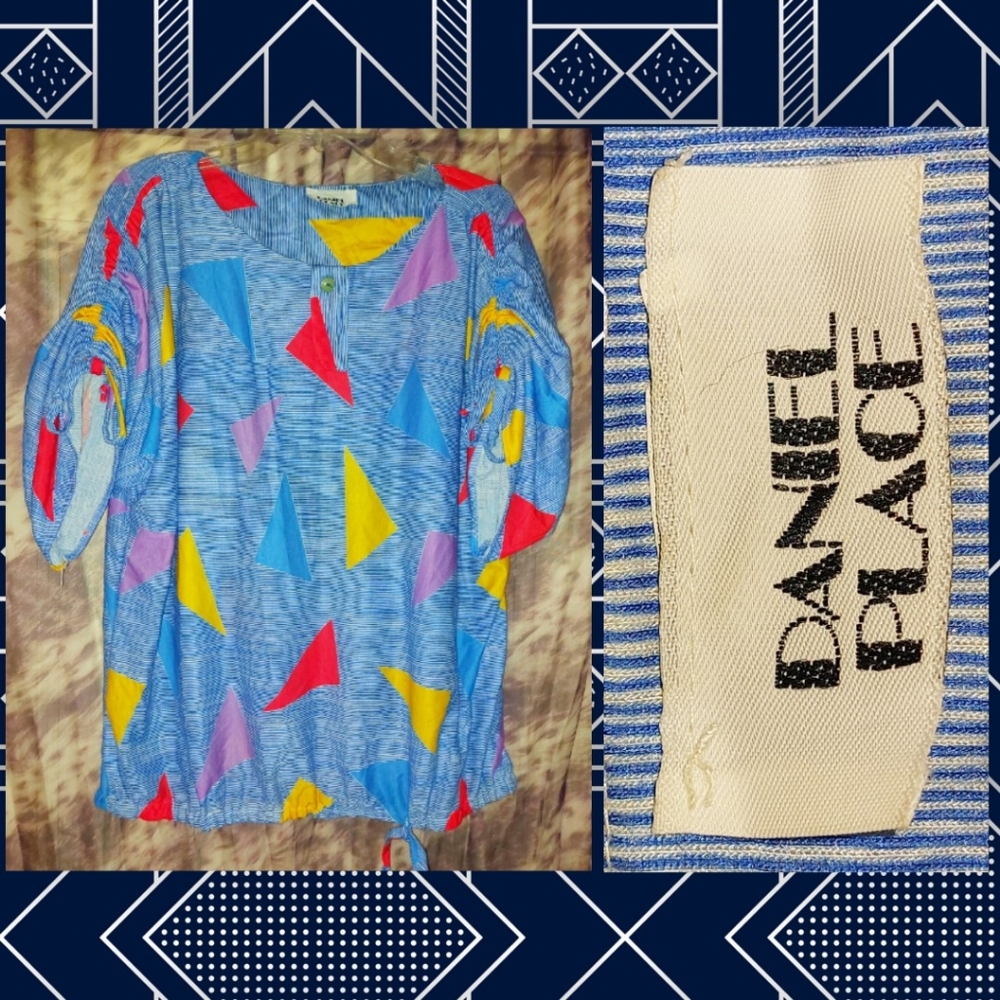 Daniel Place brand Blue/Wht/Multiclrs Triangles/Stripes Knit Top 2X 80s Vintage
